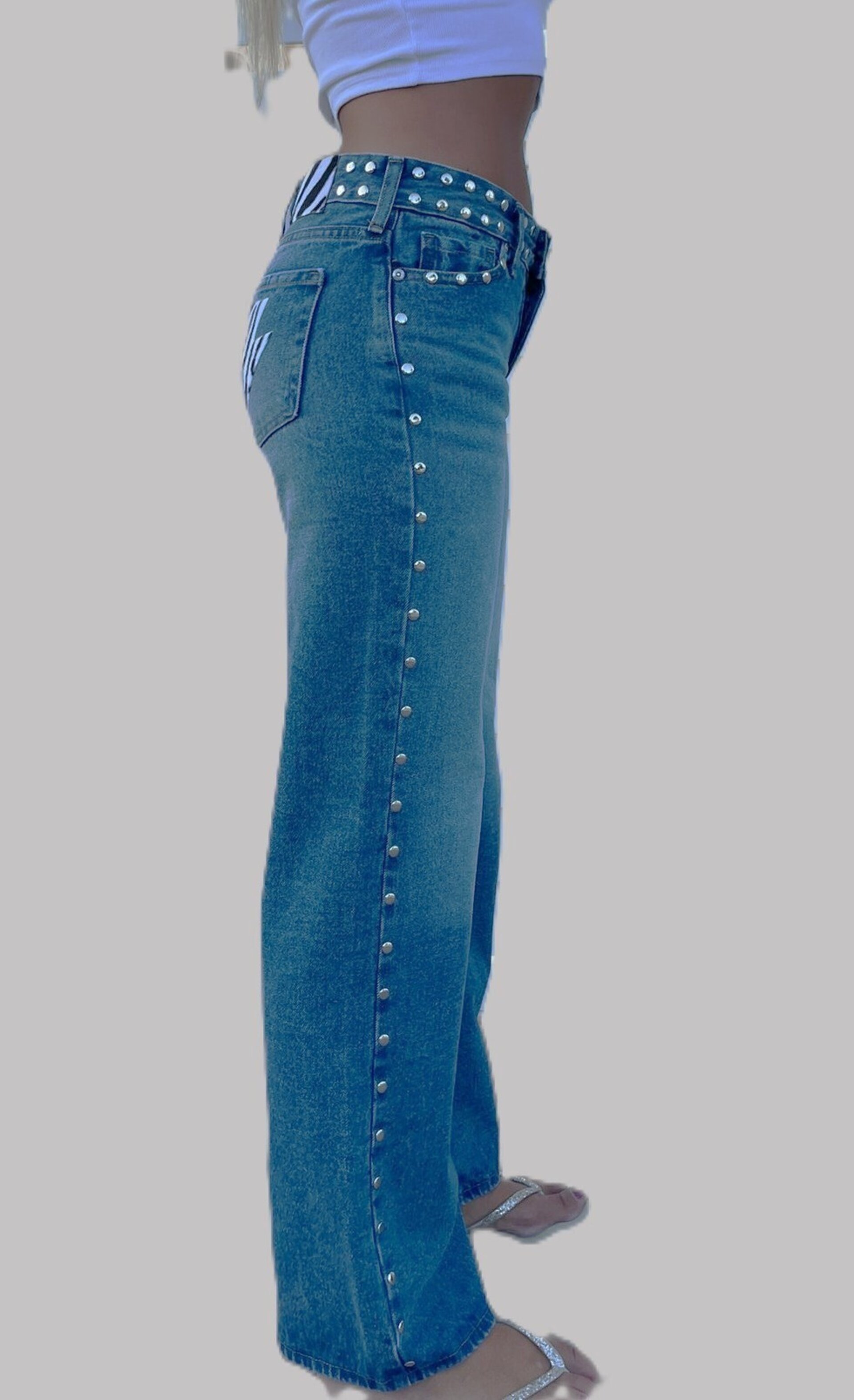 Jeans Zebra Punk Tachuelas Cintura y Laterales Azul (leer descripción de rayo)👇 - 3